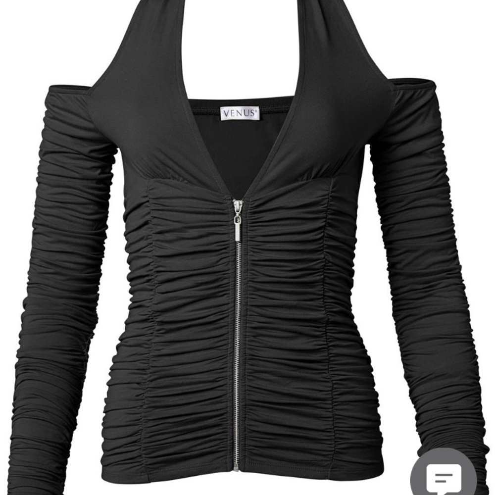 Venus Ruched Top Zippered Halter Long Sleeve Sexy Black New Size Small - Picture 2 of 8